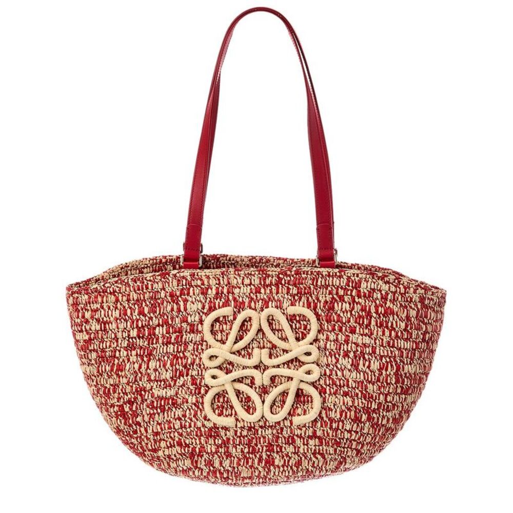 Loewe Logo Raffia & Leather Tote, Red